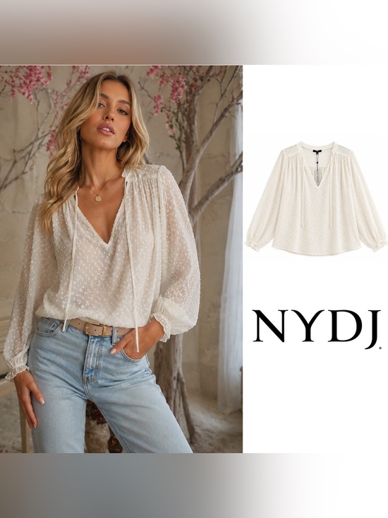 NYDJ Tops - NEW NYDJ Cream Crinkle Clip Swiss Dot V-Neck Peasant Blouse